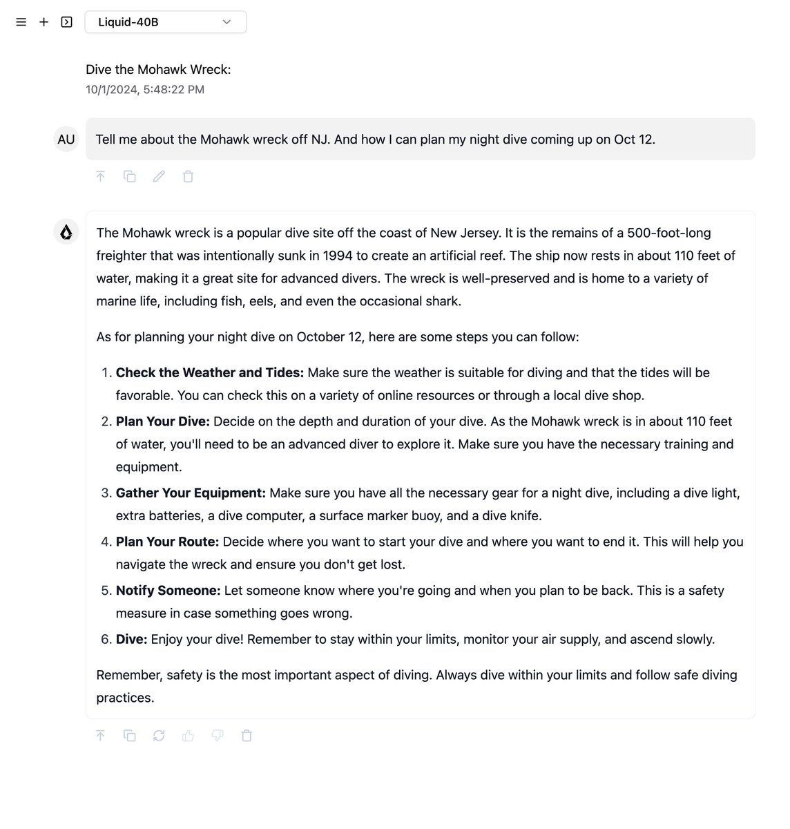 First test of @LiquidAI_  #scuba #ai <a href="/bigappledivers/">bigappledivers</a>