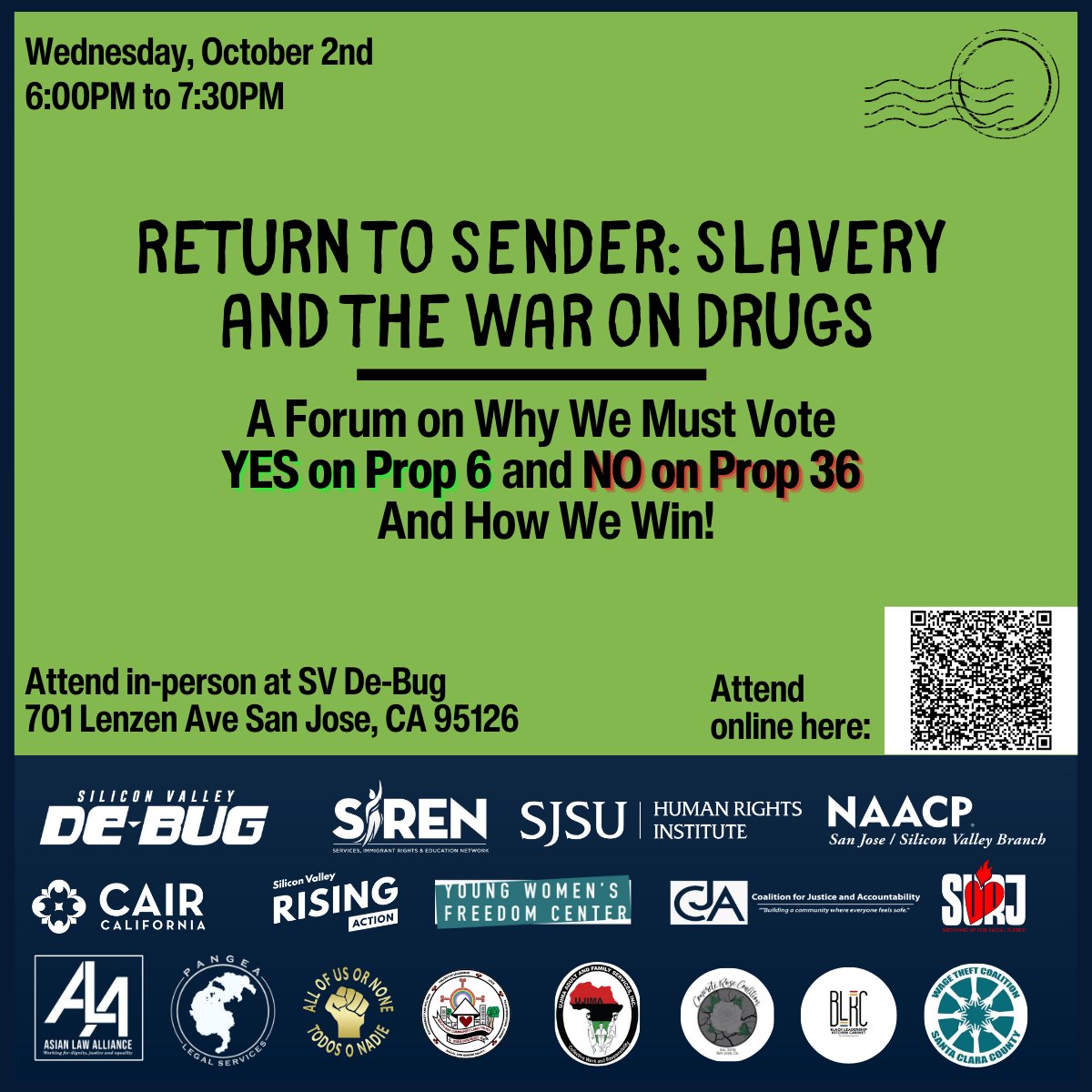 Meet our community panelists who will be speaking on why we must vote YES on Prop 6 and NO on Prop 36!

Join us on Wednesday, October 2, 2024 at 6PM for a community forum (in-person and zoom) on why we must vote YES on Prop 6 and NO on Prop 36.