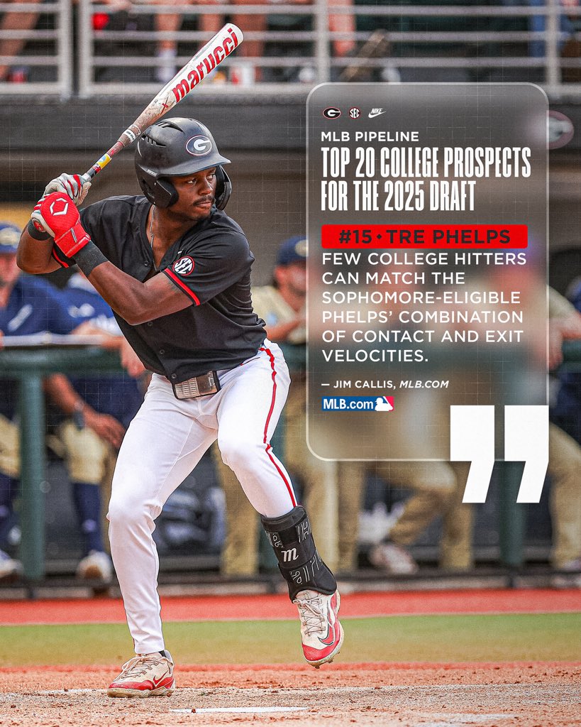 Georgia Baseball (@baseballuga) on Twitter photo Checking in on <a href="/MLBPipeline/">MLB Pipeline</a>’s Top 20 College Prospects for the 2025 MLB Draft ✔️
#GoDawgs Checking in on <a href="/MLBPipeline/">MLB Pipeline</a>’s Top 20 College Prospects for the 2025 MLB Draft ✔️
#GoDawgs