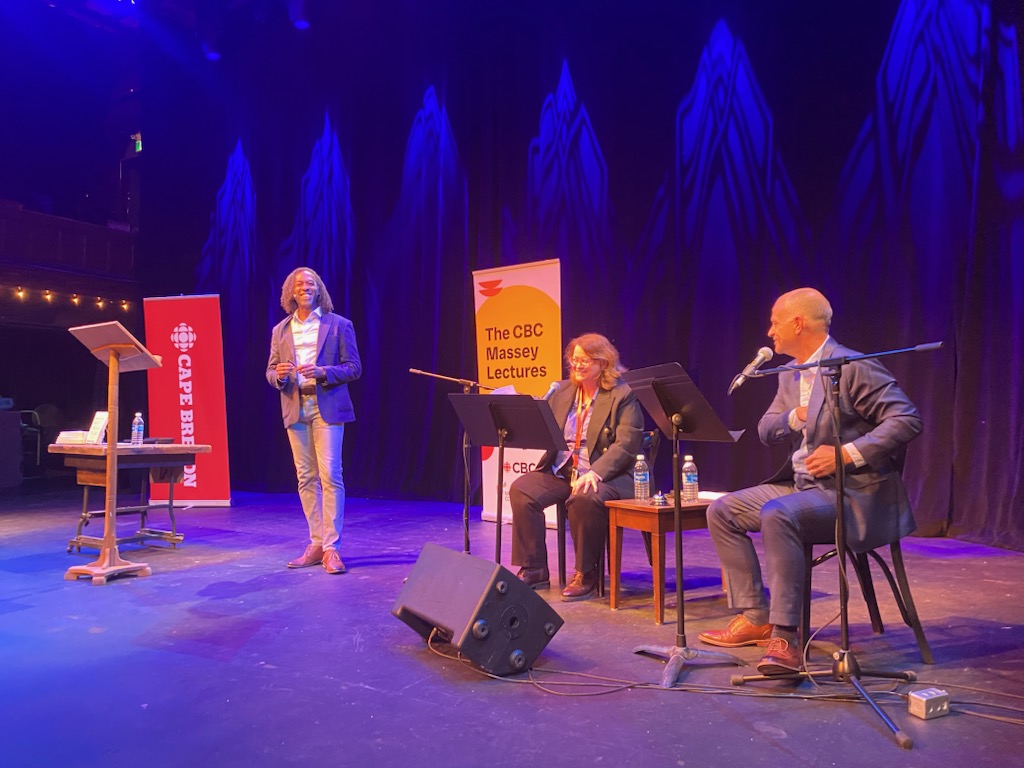 Here's the vibe on stage for the first CBC Massey Lecture in Sydney, NS. It'll be part lecture, part theatre. We have local talent from CBC Cape Breton reading parts. We're not gonna have your average lecture for these Massey's.