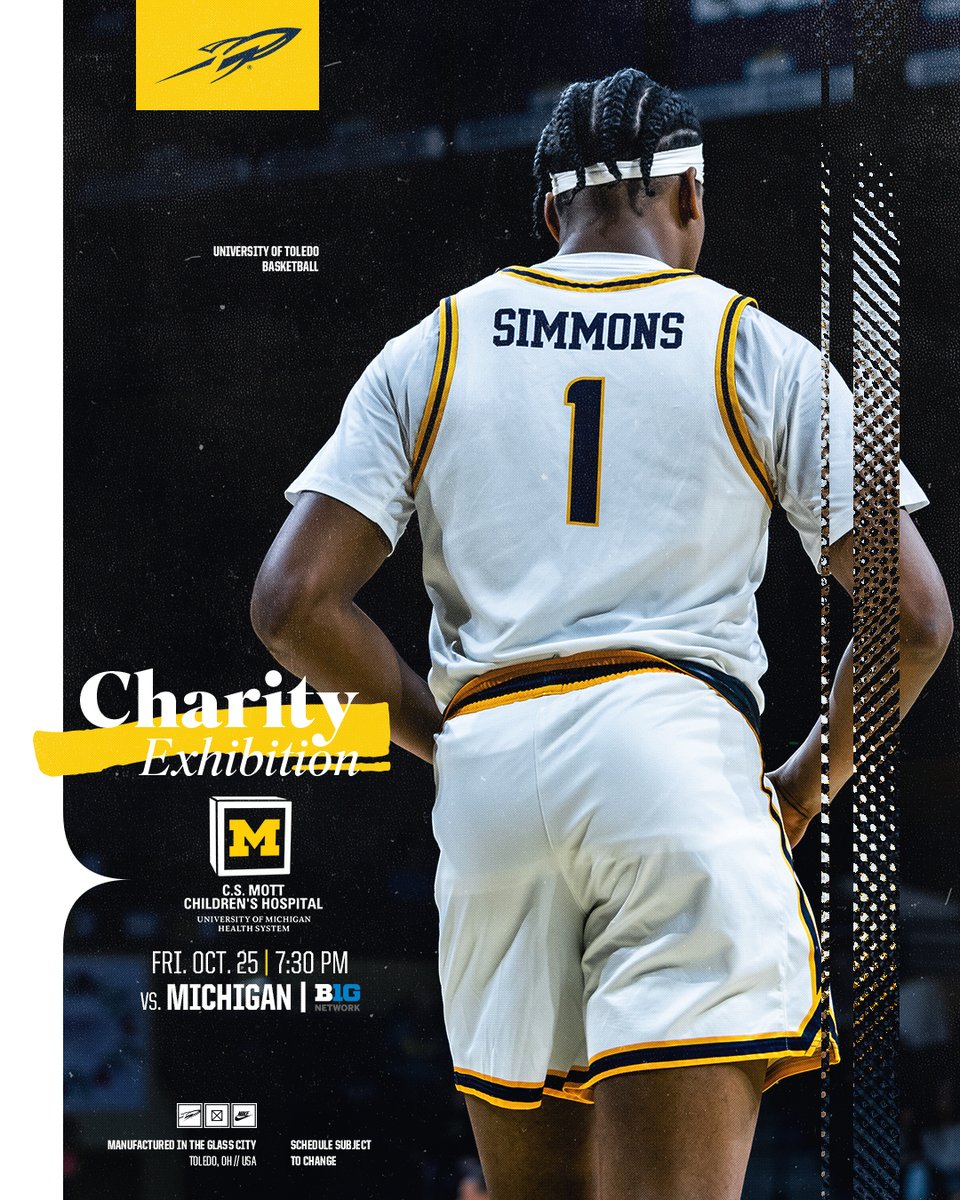 Toledo_MBB's tweet photo. 📅 𝗠𝗮𝗿𝗸 𝗬𝗼𝘂𝗿 𝗖𝗮𝗹𝗲𝗻𝗱𝗮𝗿𝘀 🏀

We're playing at Michigan in a charity exhibition game on Oct. 2⃣5⃣!

📍: Crisler Center (Ann Arbor, Mich.)
🕢: 7:30 p.m.
📺: Big Ten Network
#TeamToledo https://t.co/P6NTahdLvi