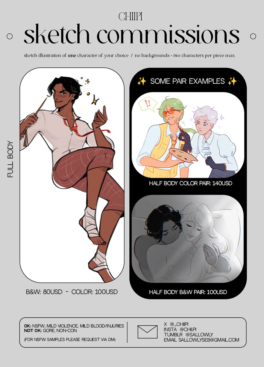 📌 Sketch commissions are now OPEN! 
hope you find all the info you need below 👇

if you're interested or need more details, DM me or send an email and I'll get back to you asap! ✍️💕

Sharing is super appreciated as always 🫶

#chiipicommissions