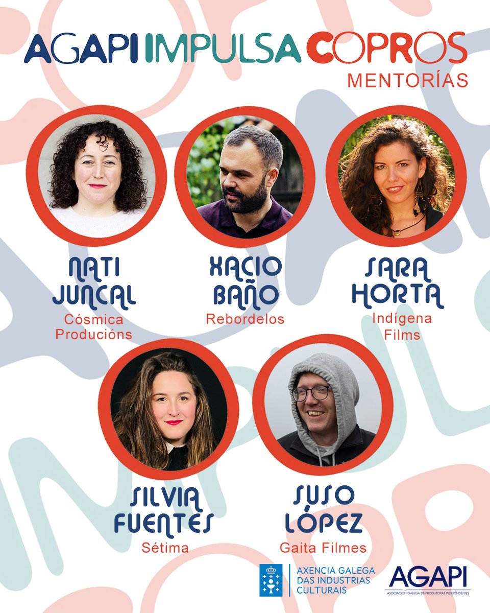 Presentamos as persoas responsables das mentorías do noso programa de asesorías AGAPI IMPULSA COPROS.

Recordamos que tendes ata o 6 de este mes para presentar os vosos proxectos. ESPERÁMOSVOS!

#cinema #audiovisual #agapi #agapimpulsacopros