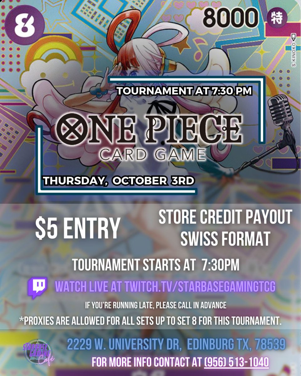StarBaseGaming's tweet photo. 🎴 POKEMON and ONE PIECE🎴
Join us this THURSDAY (October 3rd) for two TCG tournaments- Pokemon and One Piece! Pokemon will have a $6.50 entry fee and One Piece will have a $8 entry fee. https://t.co/svArzXN9of