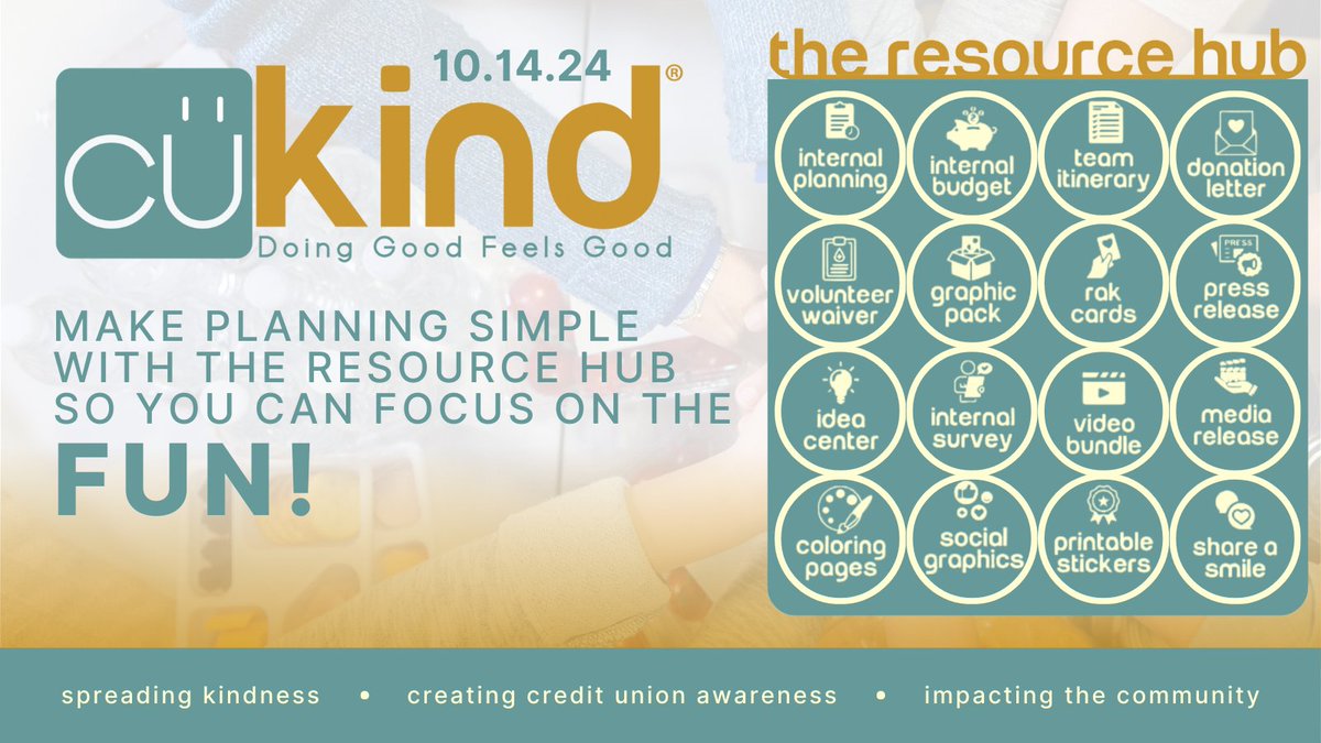 CU Kind Day is 2 weeks away! ⏰ Need help with plans? 🙌 Visit the Resource Hub 💙 for the latest tools to make planning a breeze, from press releases to social graphics! Focus on the fun while making a BIG 🌟 impact. Spread the kindness &amp; commit today: ow.ly/8e1h50TzC9l.