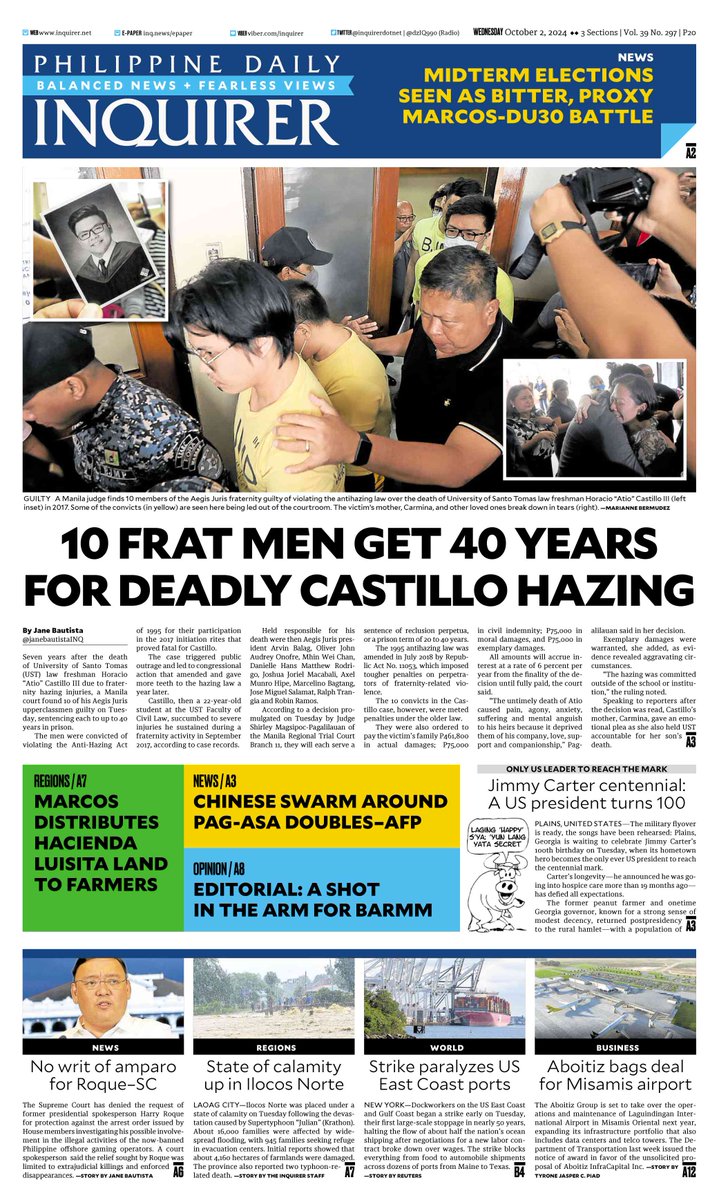Today's Inquirer front page (Oct. 2, 2024). More at https://t.co ...