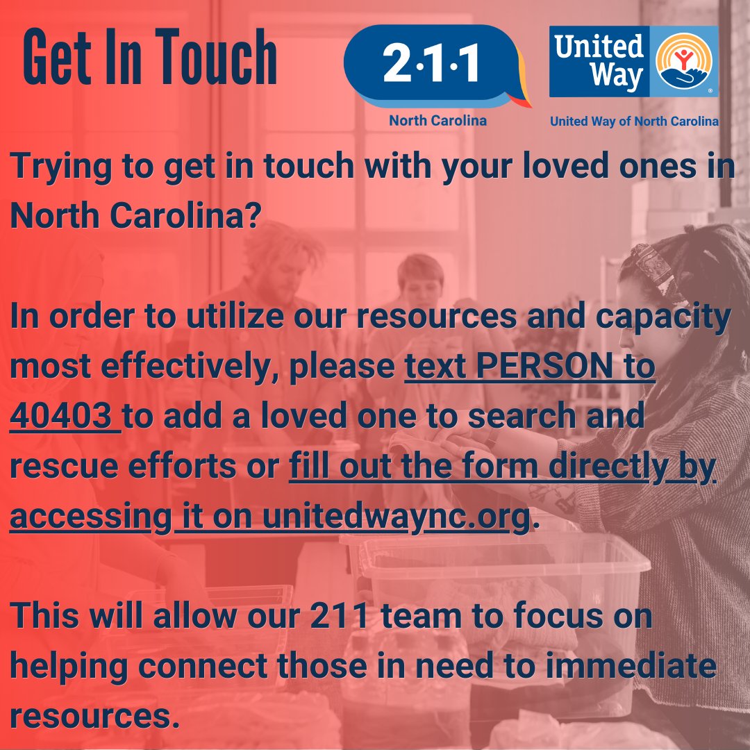 Trying to get in touch with your loved ones affected by Hurricane Helene? Text PERSON to 40403 or fill out the form directly at unitedwaync.org.

#HurricaneHelene2024 #WellnessCheck