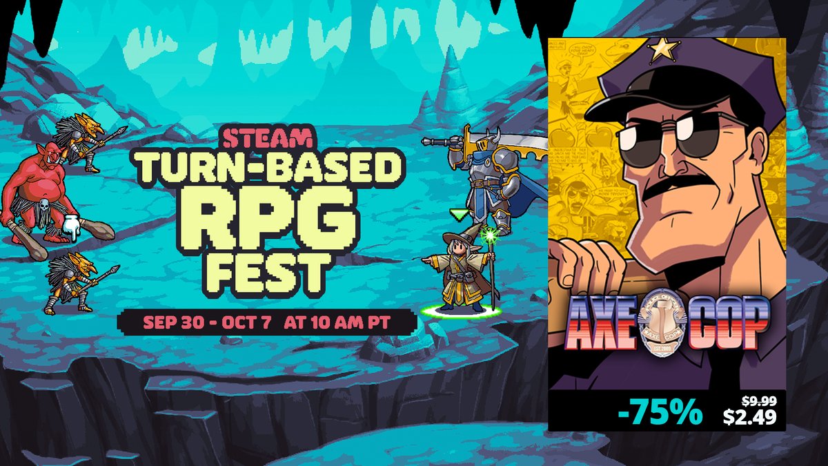 redtrianglegame's tweet photo. Be sure and snag the @AXECOP game during Steam's #TurnBasedRPGFest! We've chopped the price down a lot so go ahead and go kill all of the bad guys! 
#axecop #indiegame #indiedev #gamedev #games #jrprg #RPG https://t.co/zBOthNaToR