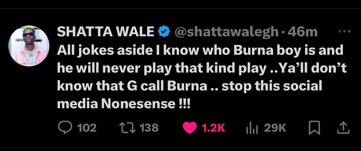 Shatta Wale defending his friend <a href="/burnaboy/">Burna Boy</a> over P Diddy allegations. This is how friends moves. No matter the situation. Brothers for dey each others back 💪❤️
#SAFA #DEMIGOD