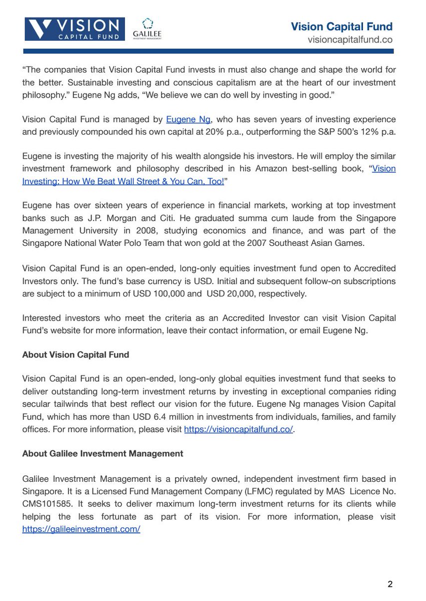 EugeneNg_VCap's tweet image. I am thrilled to announce the launch of Vision Capital Fund, which has been in the making for over seven years.
We are focused on growing wealth for generations by delivering outstanding long-term investment returns from investing in exceptional companies that best reflect our…
