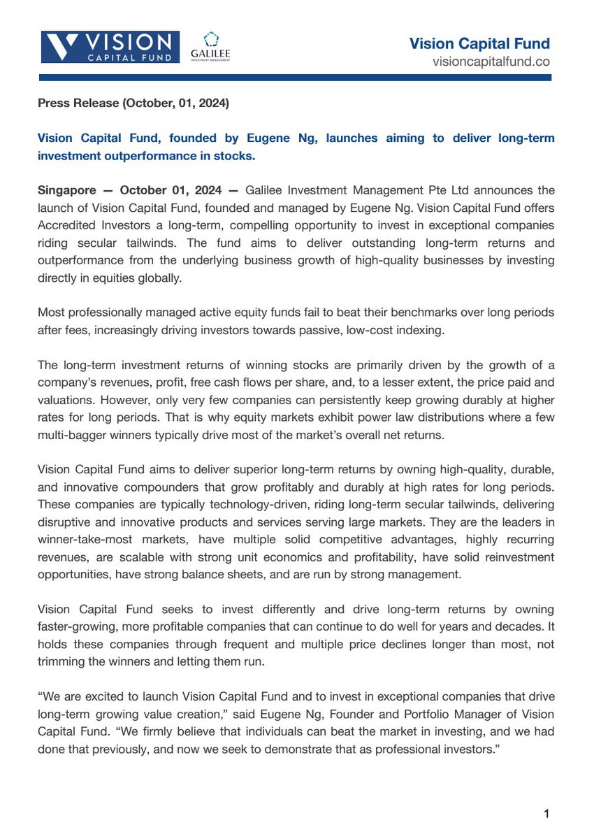 EugeneNg_VCap's tweet image. I am thrilled to announce the launch of Vision Capital Fund, which has been in the making for over seven years.
We are focused on growing wealth for generations by delivering outstanding long-term investment returns from investing in exceptional companies that best reflect our…