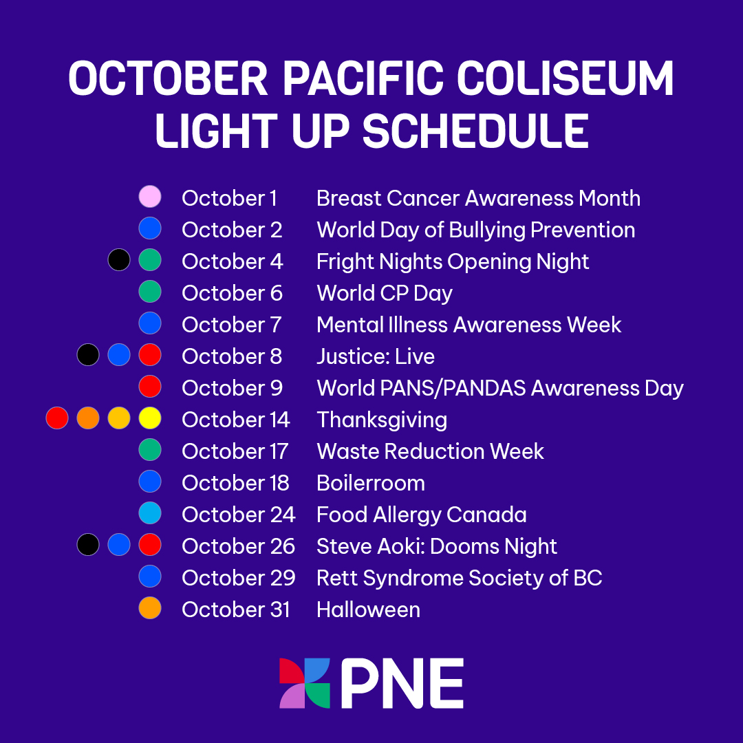 October has arrived! Check out the Pacific Coliseum colours for the month 🔆
ㅤ
The Pacific Coliseum will be lit up for a cause each night from sunset to 11:00pm.

vist.ly/3mhswv8
