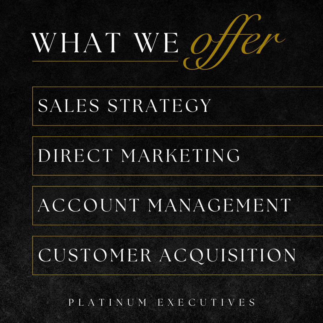 platinumexecs's tweet image. At Platinum Executives, we offer a winning strategy to help businesses thrive! From expert sales strategies and direct marketing to top-tier account management and customer acquisition, we&apos;re here to elevate your success.
-
#platinumexecutivesfortmyers #whatweoffer #ourteam