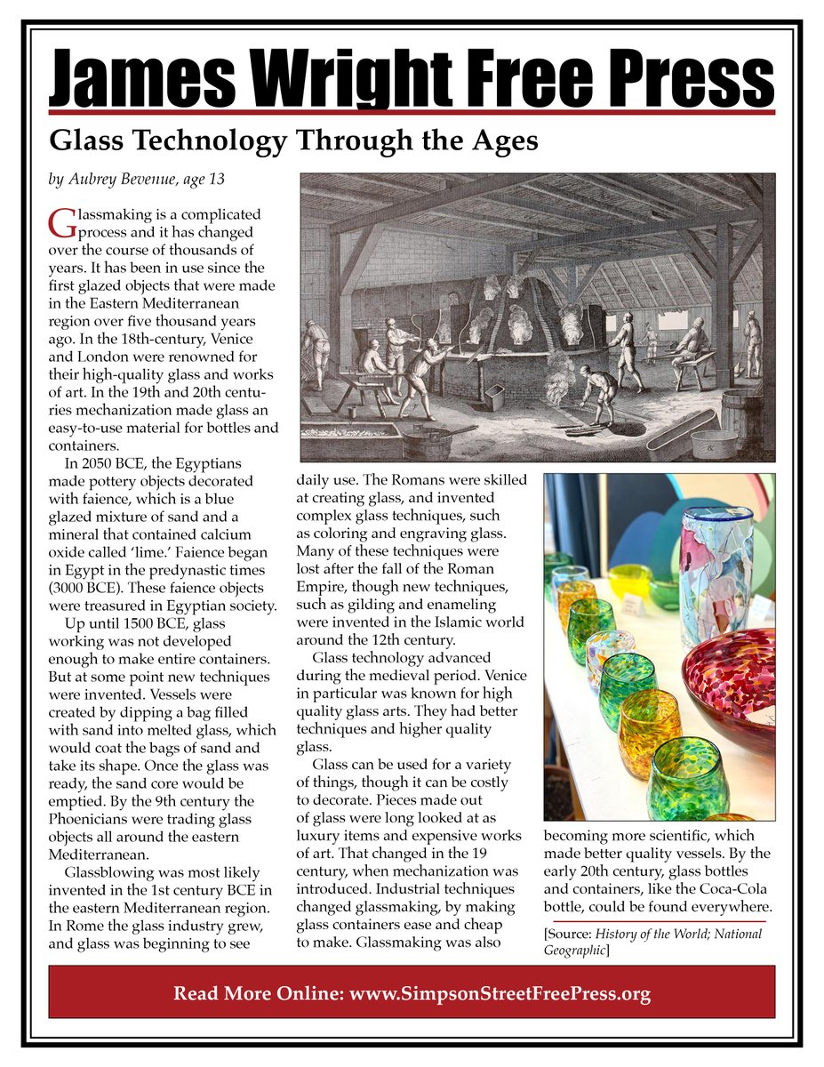 ssfp_news's tweet photo. Glassmaking has evolved over thousands of years, from ancient faiences to mass glass production. Wright Free Press reporter Aubrey Bevenue explores how glass went from a luxury to a daily essential. Read more below or online:
https://t.co/2p6SFsnkbx
#NeverHandInYourFirstDraft https://t.co/ZI43XTVrMa