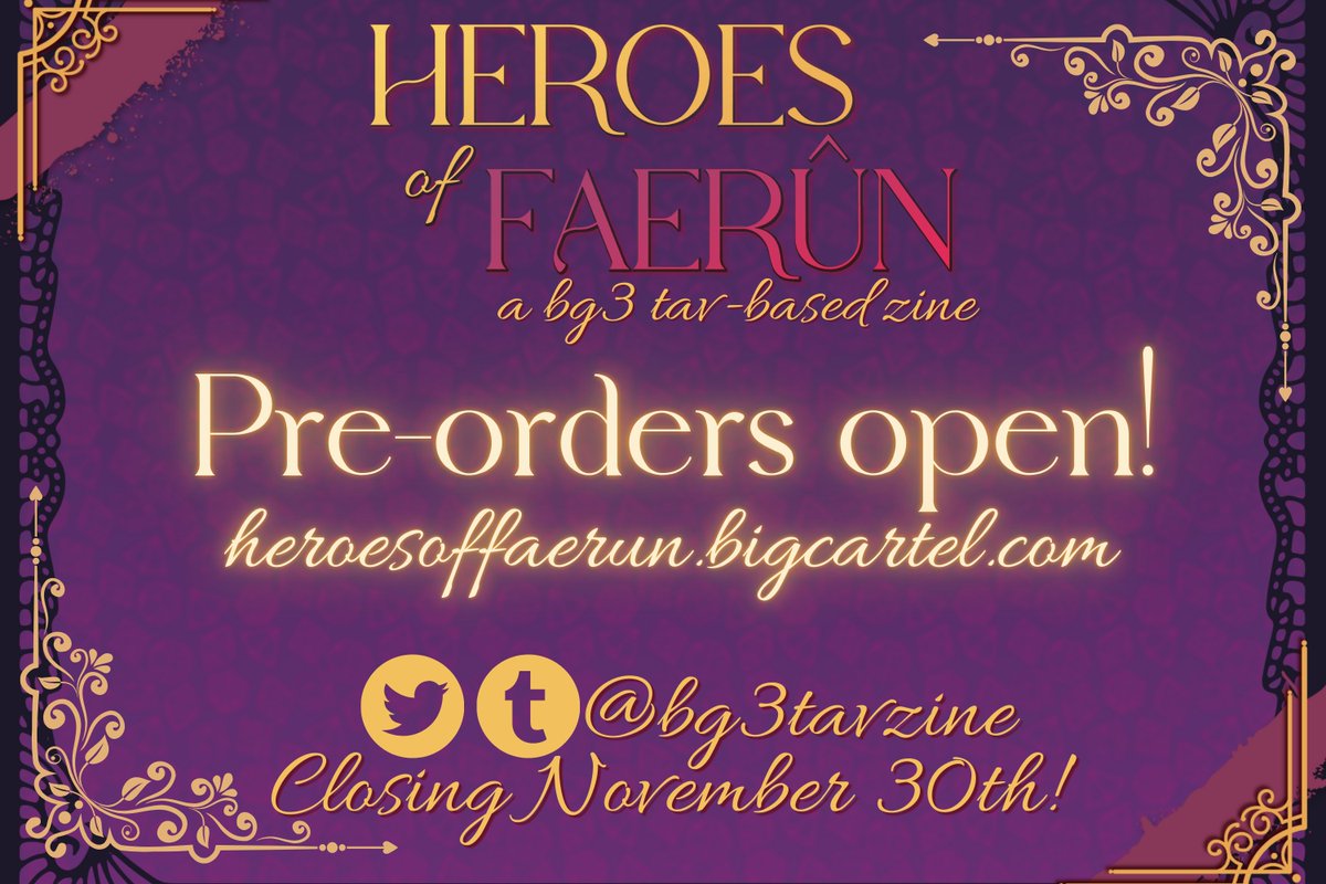 PRE-ORDERS OPEN NOW!
heroesoffaerun.bigcartel.com

Heroes of Faerûn is a for-charity BG3 Tav zine made by over 60 artists, featuring 100+ pages of art and writing.

This project has been a great labour of love and we're all so excited to show you!

#bg3 #BaldursGate3
