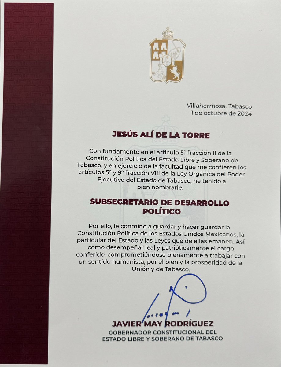 JesusAliTabasco's tweet photo. Esta mañana rendí protesta como Subsecretario de Desarrollo Político de la Secretaría de Gobierno, agradezco al Gobernador de Tabasco, Javier May Rodríguez, mi nombramiento como parte de su equipo para servir al pueblo de Tabasco. Es un honor estar con José Ramiro López Obrador, mi amigo el titular Secretario de Gobierno y con mi compañero Pablo Mora Gómez, Subsecretario de Gobierno; junto a mujeres y hombres comprometidos con las causas de la transformación.