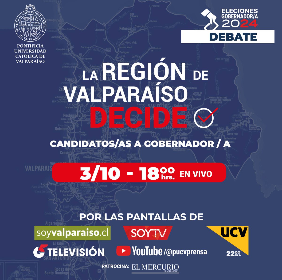 pucv_cl's tweet photo. 📣Sintoniza el debate en vivo de los/as candidatos/as a gobernadores/as de la Región de Valparaíso que se realizará en la PUCV.

🗓️Jueves 03 de agosto
⏰18:00 hrs.
📺Por las pantallas de https://t.co/FqcfWBTIW4, https://t.co/EKRhJscbiR, https://t.co/groYyjAdOE y YouTubePUCV https://t.co/TAin71IpQX