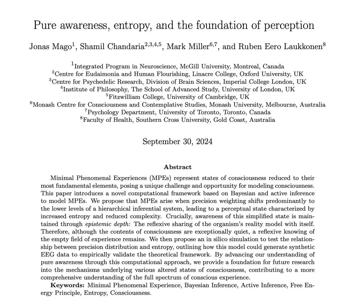 Ruben Laukkonen (@rubenlaukkonen) on Twitter photo Our new preprint lead by <a href="/JonasHMago/">Jonas Mago</a> is a promising step towards formally modelling pure awareness using active inference. A brief 🧵 Our new preprint lead by <a href="/JonasHMago/">Jonas Mago</a> is a promising step towards formally modelling pure awareness using active inference. A brief 🧵