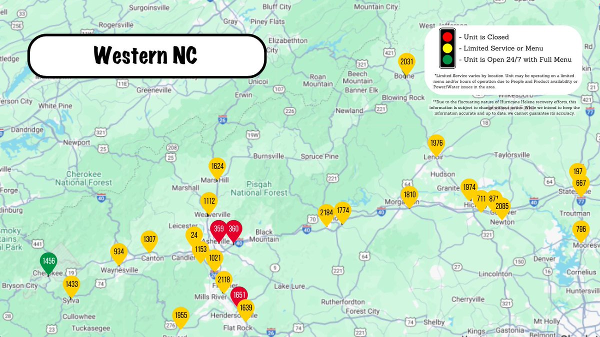 WaffleHouse's tweet image. To the communities who have been impacted by Hurricane Helene, we are here for you. 

Here is the current map of our unit status in your area. For address information, please visit: spr.ly/6010UKJd6

#whindex #hurricanehelene #helene