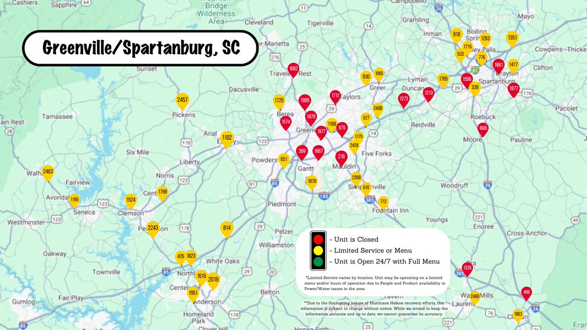 WaffleHouse's tweet image. To the communities who have been impacted by Hurricane Helene, we are here for you. 

Here is the current map of our unit status in your area. For address information, please visit: spr.ly/6010UKJd6

#whindex #hurricanehelene #helene
