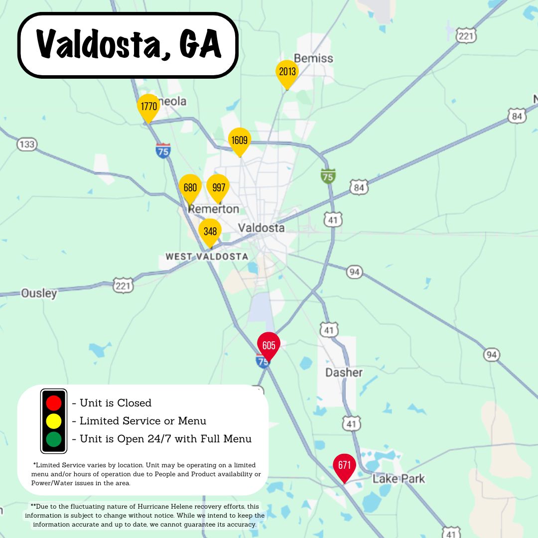 WaffleHouse's tweet image. To the communities who have been impacted by Hurricane Helene, we are here for you. 

Here is the current map of our unit status in your area. For address information, please visit: spr.ly/6010UKJd6

#whindex #hurricanehelene #helene