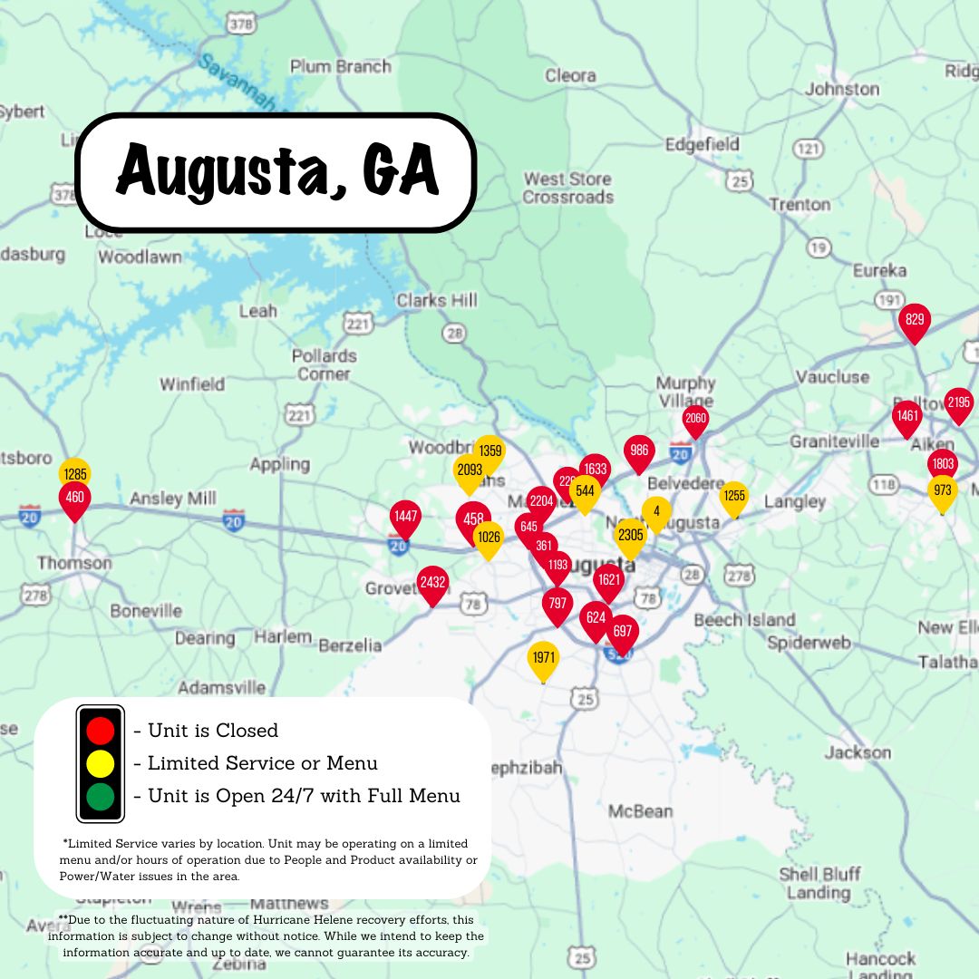 WaffleHouse's tweet image. To the communities who have been impacted by Hurricane Helene, we are here for you. 

Here is the current map of our unit status in your area. For address information, please visit: spr.ly/6010UKJd6

#whindex #hurricanehelene #helene