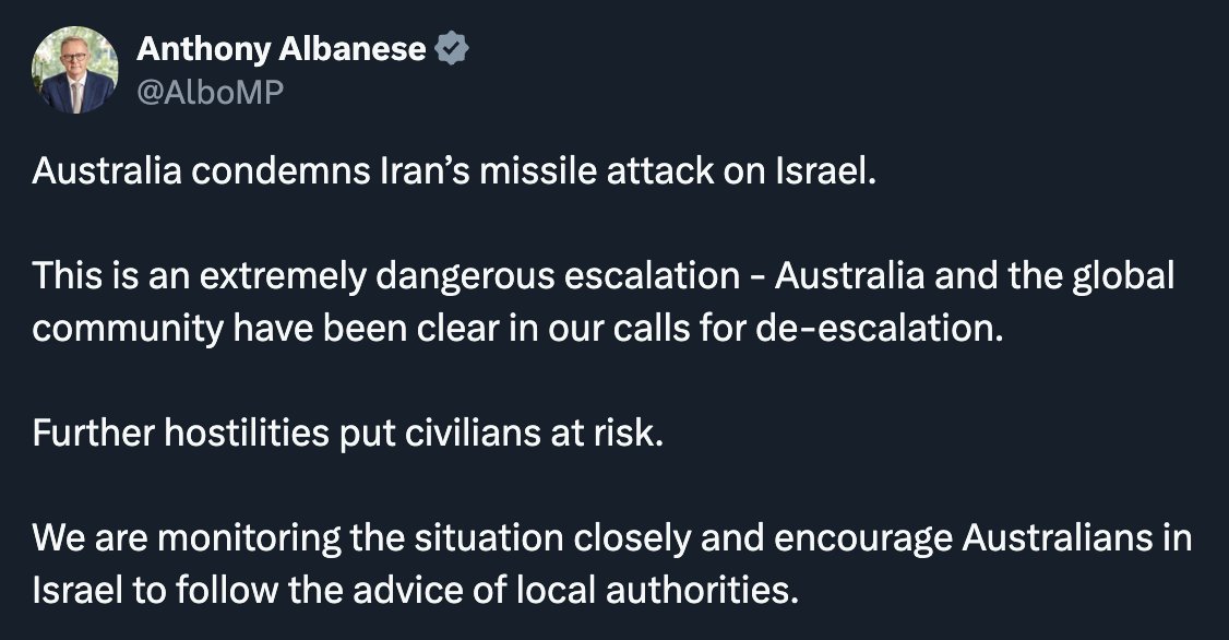 <a href="/AlboMP/">Anthony Albanese</a> Where were your condemnations for the last year of genocidal atrocities, you pathetic shitstain? Where were your condemnations for Israel's invasion of Lebanon? Where were your condemnations for Israel's assassination strike on Iranian soil? Disgusting sycophant.