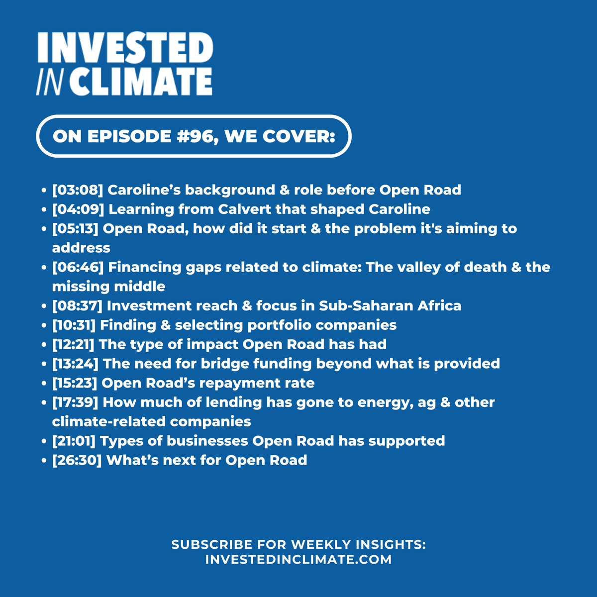Invested in Climate (@investedclimate) on Twitter photo In today's conversation with <a href="/OpenRoadTweets/">Open Road Alliance</a> CEO Caroline Bressan, we're talking about #impactinvesting, Open Road’s history, how their loans have unlocked 10X the amount of capital, their climate portfolio, and more. 🎧 Ep#96: investedinclimate.com/podcast/bridge… In today's conversation with <a href="/OpenRoadTweets/">Open Road Alliance</a> CEO Caroline Bressan, we're talking about #impactinvesting, Open Road’s history, how their loans have unlocked 10X the amount of capital, their climate portfolio, and more. 🎧 Ep#96: investedinclimate.com/podcast/bridge…