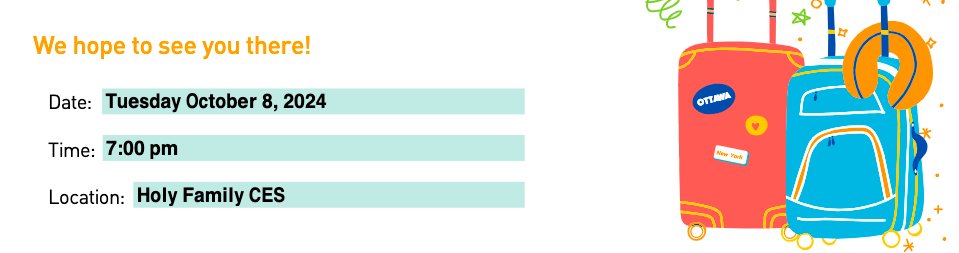Attn:  Grade 7 and 8 Parents!  There will be an information meeting for our Montreal trip on Tuesday Oct. 8, 2024 in the gym.  Brightspark will be there to answer all your questions. We hope to see you all there.