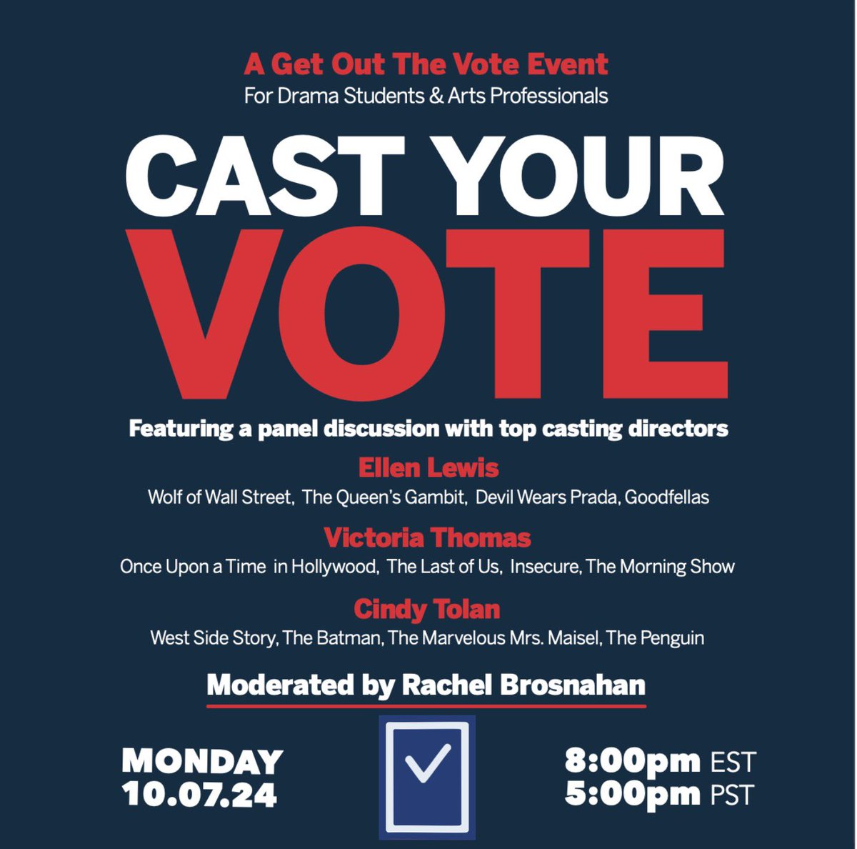 karleefomo's tweet photo. Free zoom panel with top casting directors AND #RachelBrosnahan ? Join us on 10/7! Register #GOTV #EllenLewis #VictoriaThomas #CindyTolan https://t.co/jqYZOyUhDn