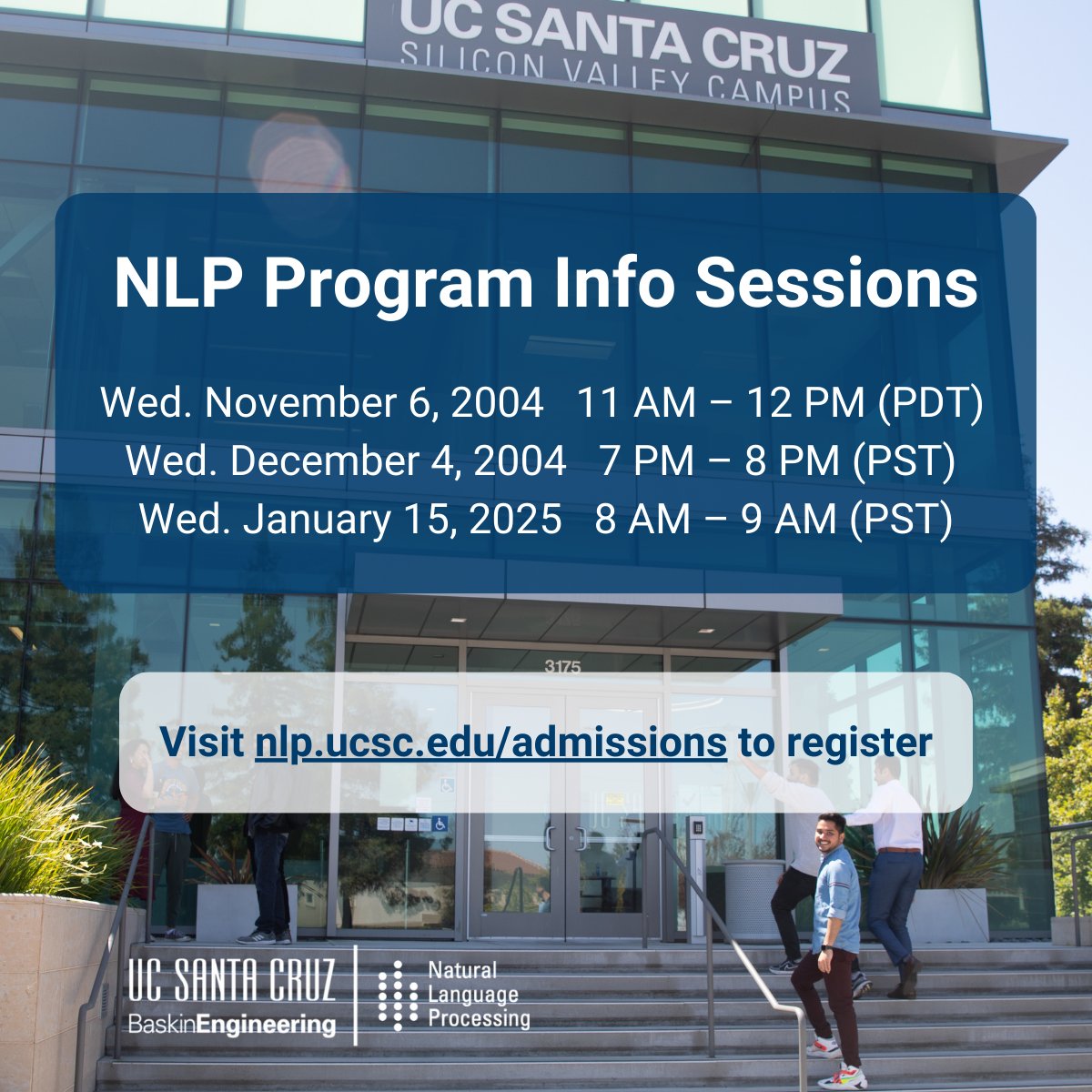 UCSC_NLP_MS's tweet image. Want to learn more about the UC Santa Cruz NLP MS Program?  Sign up for one of our upcoming virtual Info Sessions! This is your opportunity to experience the unique benefits of our program and chat with NLP Program faculty and staff.  Visit nlp.ucsc.edu/admissions to register