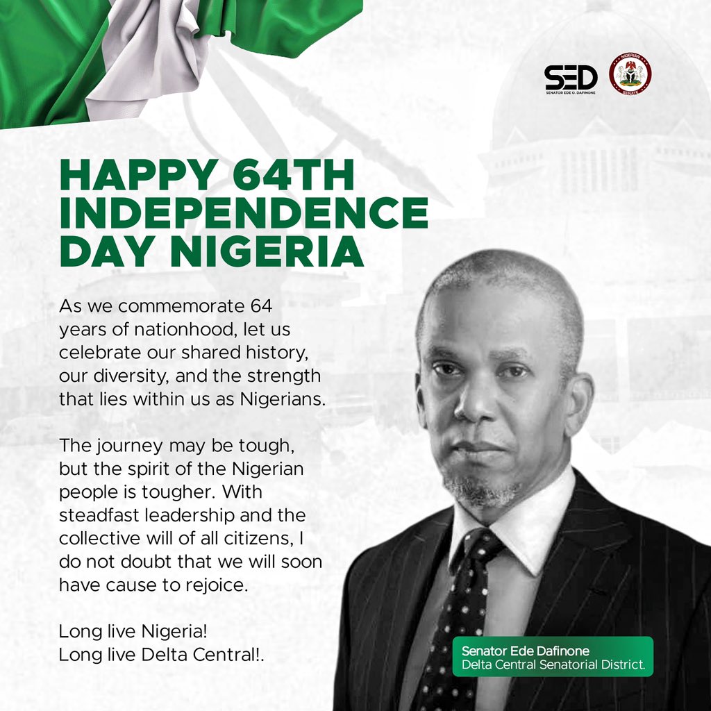 DafinoneEde's tweet photo. Nigeria @ 64: If we persevere, we will overcome current challenges – Dafinone

https://t.co/z9FGr9U9u8? https://t.co/3Z5uLJiqdi