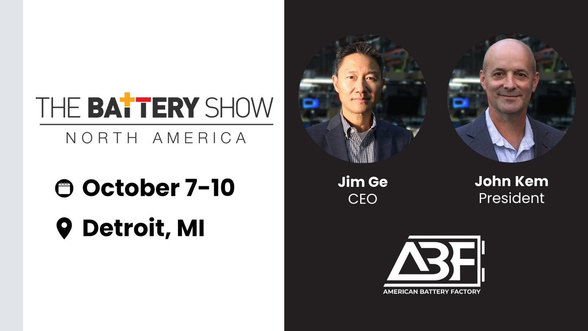 ABF__INC's tweet photo. Join us at @thebatteryshow next week in Detroit. We look forward to discussing how we're building the batteries that will power America's electric future.

#BatteryShowNA https://t.co/29FwJzDlxj