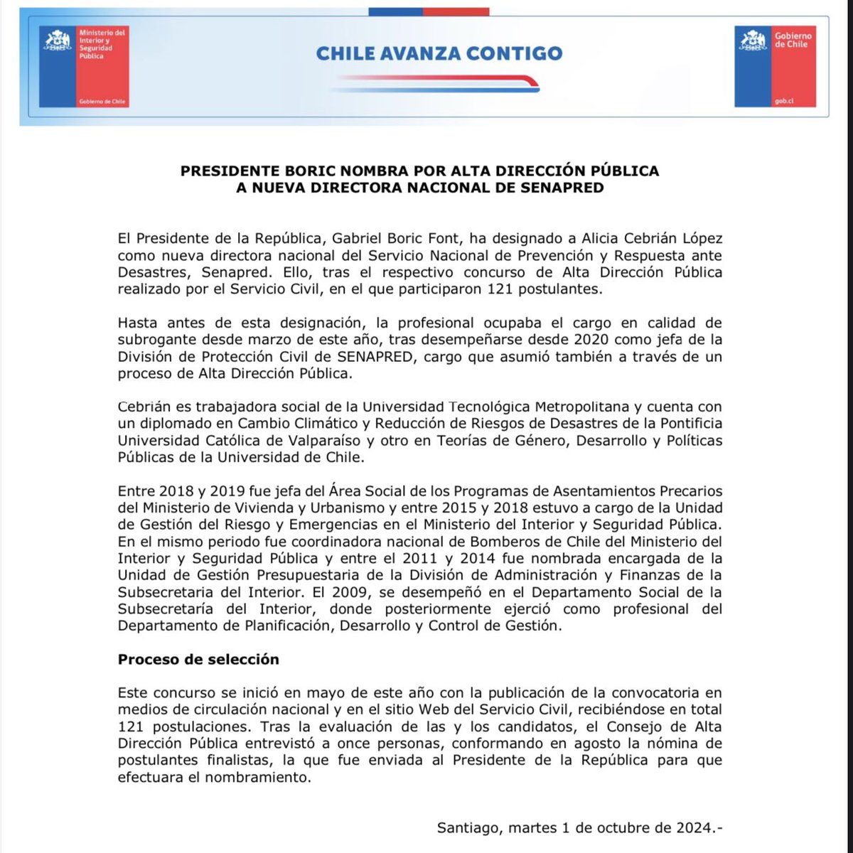 min_interior's tweet photo. 🔴Comunicado | Presidente @GabrielBoric nombra por Alta Dirección Pública a nueva directora nacional de @Senapred, Alicia Cebrián. https://t.co/KnU1ZWdhA8