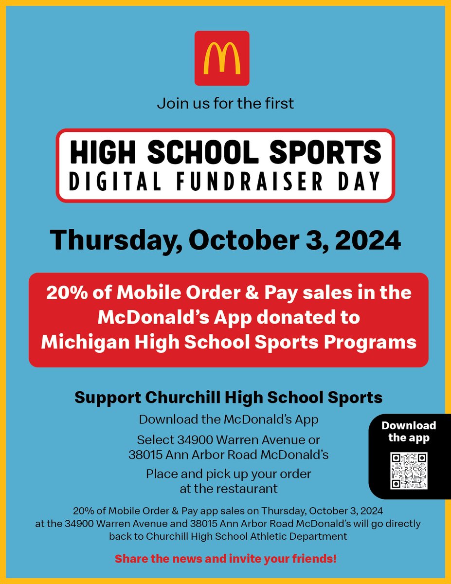 Churchill Athletics (@churchillgames) on Twitter photo Charger Nation, please see the attached and use your McDonalds app at a participating McDonalds this Thursday. Please spread the word, we appreciate your support! <a href="/CHS_Chargers/">Churchill Chargers</a> <a href="/LivoniaDistrict/">Livonia Schools</a> <a href="/chs_blackhole/">The Black Hole🕳️‼️</a> Charger Nation, please see the attached and use your McDonalds app at a participating McDonalds this Thursday. Please spread the word, we appreciate your support! <a href="/CHS_Chargers/">Churchill Chargers</a> <a href="/LivoniaDistrict/">Livonia Schools</a> <a href="/chs_blackhole/">The Black Hole🕳️‼️</a>