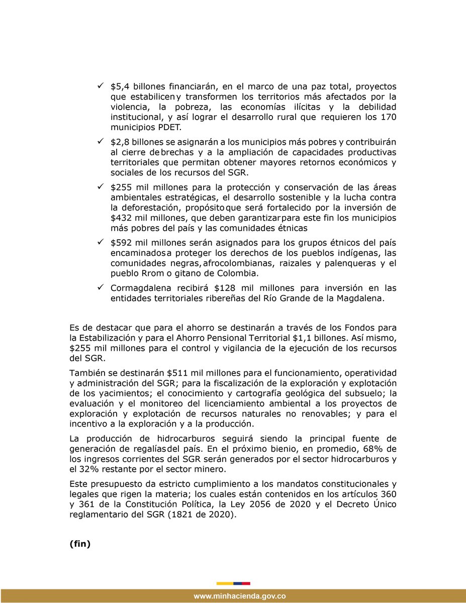 #MinHacienda y <a href="/MinEnergiaCo/">Minenergía</a> radicaron en el Congreso el Presupuesto de Regalías 2025-2026 por $30,9 billones, equivalente al 1,7% del PIB.

- Ingresos corrientes: 82,5% ($25,5 billones).
- Rendimientos financieros: 17,5% ($5,2 billones).

Conoce cómo se asignarán estos recursos: