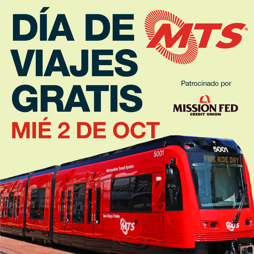 MissionFed's tweet photo. This California Clean Air Day, we're proud to partner with @SDMTS and to sponsor Free Ride Day! 🚍 Tomorrow, enjoy FREE rides on MTS buses, the Trolley, Coaster, SPRINTER, and BREEZE. Learn more: https://t.co/7UHax5MbQl.
#FreeRideDay #CleanAirDay #SanDiegoTransit https://t.co/UrHLo9fL69