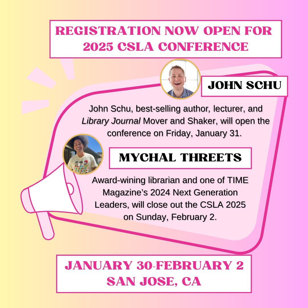CSLA (@4csla) on Twitter photo We are so thrilled to announce that registration is NOW OPEN for the 2025 CSLA Conference! Visit buff.ly/4d91aCu 🔖 #4CSLA #StrongerTogether #ProfDev #SchoolLibraries #CaliforniaLibraries #librariansofinstagram #mediaspecialistsofinstagram #schoollibrariesmatter We are so thrilled to announce that registration is NOW OPEN for the 2025 CSLA Conference! Visit buff.ly/4d91aCu 🔖 #4CSLA #StrongerTogether #ProfDev #SchoolLibraries #CaliforniaLibraries #librariansofinstagram #mediaspecialistsofinstagram #schoollibrariesmatter