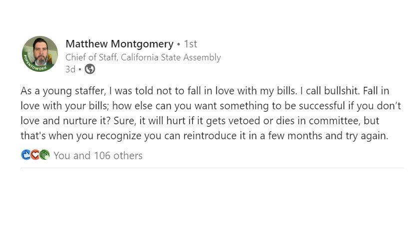 AlexCVassar's tweet photo. One of the most commonly misunderstood bits of advice at the California State Capitol is the one about "Don't fall in love with your bills."

It's actually good advice, but it wasn't for staff. 𝗜𝘁 𝘄𝗮𝘀 𝗳𝗼𝗿 𝗹𝗲𝗴𝗶𝘀𝗹𝗮𝘁𝗼𝗿𝘀. https://t.co/foPlq8mpZV