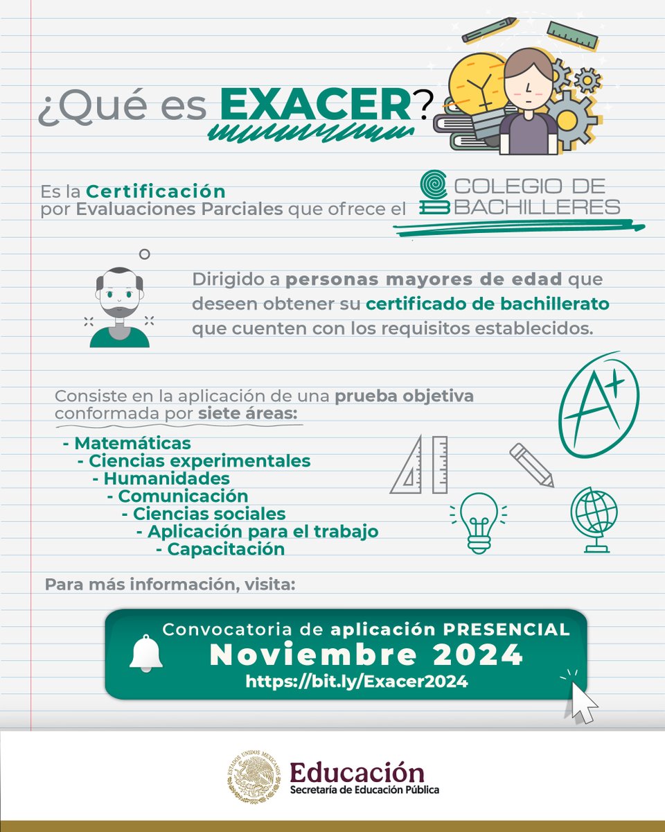 SEP_mx's tweet photo. Este viernes 4 de octubre inicia el registro para la prueba #EXACER, del @CdeBachilleres, para obtener tu certificado de #bachillerato. 📜🤩
¿Aún no cuentas con él? 🤔 ¡Regístrate para la aplicación presencial en noviembre de 2024!
🔗 Ingresa al link: https://t.co/wv9VwFT7r3 https://t.co/qn0ZTevk3v