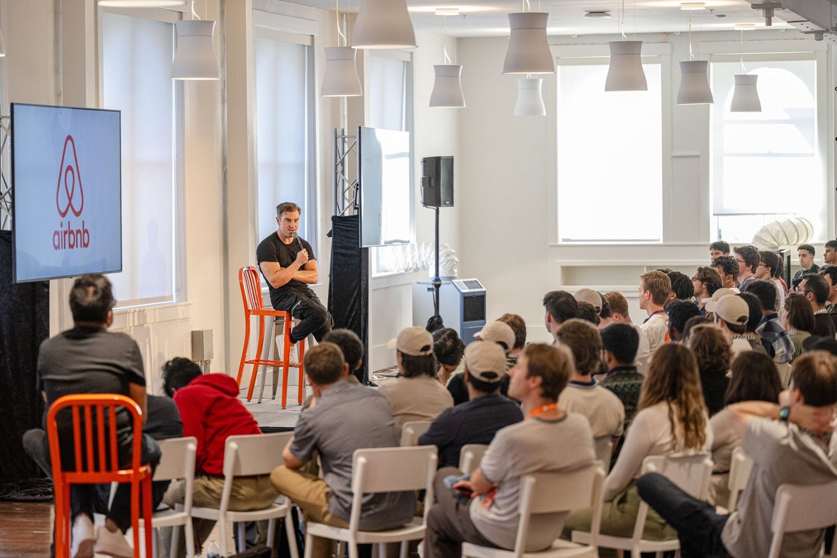 garrytan's tweet photo. Epic talk tonight with @bchesky capping off the YC F24 kickoff event. 

Absolute full floor standing ovation, have literally never seen the whole room stand up immediately to applaud a speaker at YC but it was really that good. https://t.co/IEqvFzPEtj