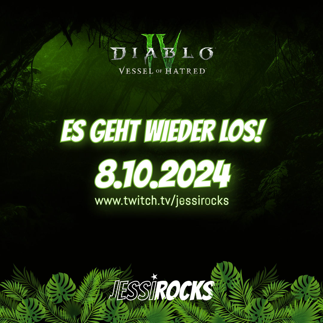 jessirockstv's tweet photo. 🔥24/7 Diablo 4 Madness!🔥
Das Warten hat ein Ende: Auch dieses Jahr gibt's das große #DiabloIV Addon Release Event mit Jessirocks!

24/7 Live-Stream auf https://t.co/mXF1e4s4nG

#VesselOfHatred @Diablo_DE 

ps: Unter allen Retweets/Kommentaren verlose ich am Sonntag ein Addon! https://t.co/fExBeRfMNa