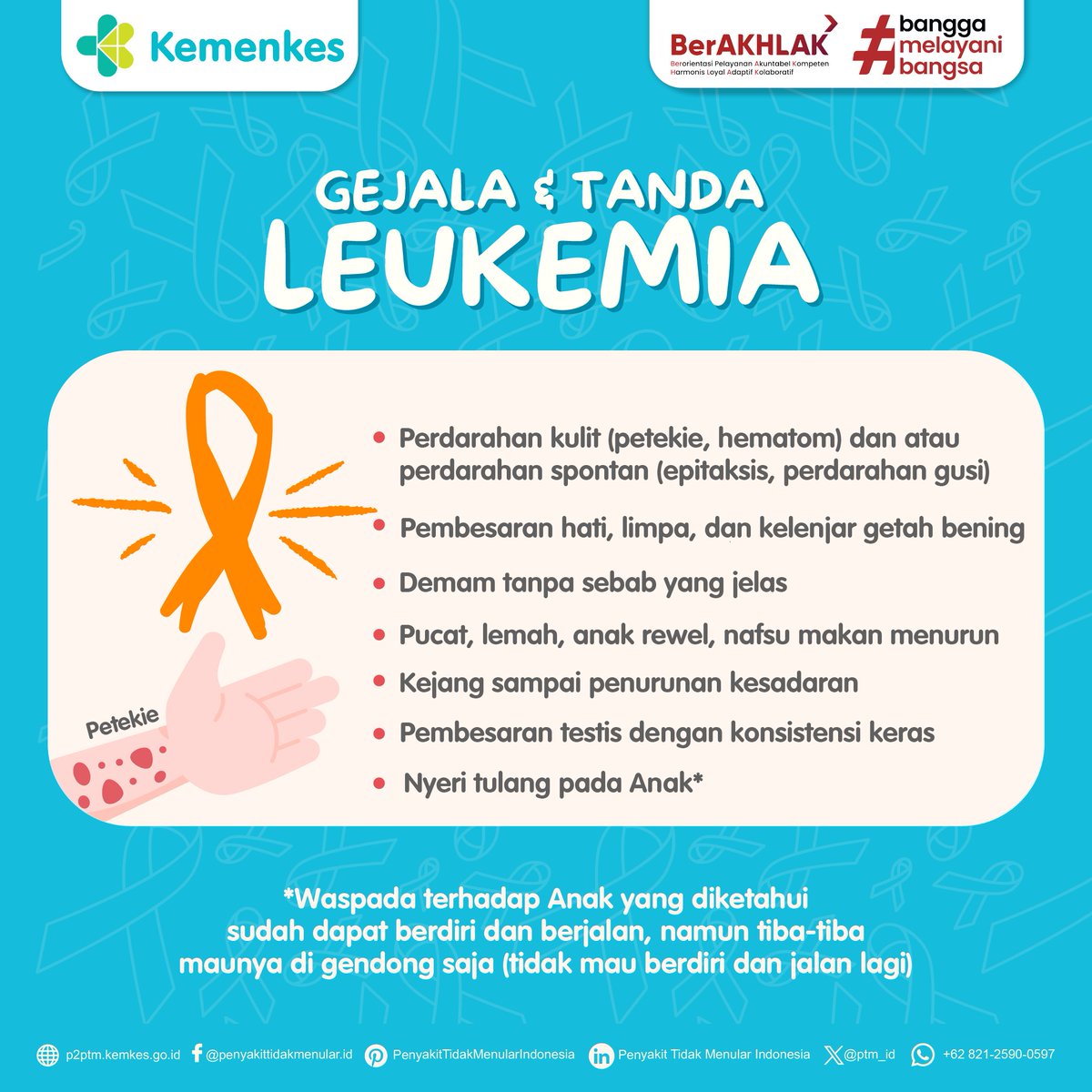 Waspadai Gejala dan Tanda Leukemia Berikut Ini.
.
#CERDIK #DukungGERMAS #CegahPTM #PenyakitTidakMenular #Leukemia #KankerDarah