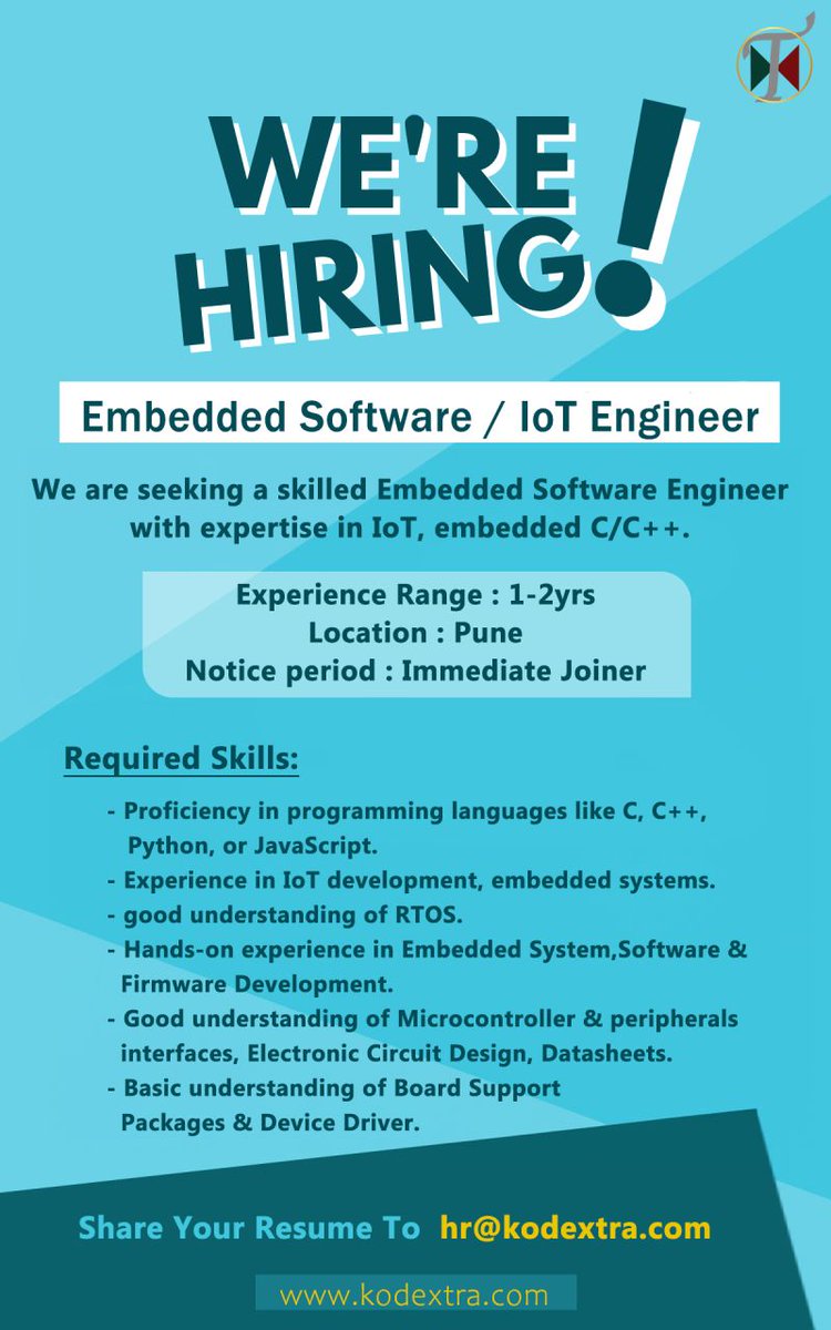 kodextrastudios's tweet image. 🕹️Hiring Alert🕹️
🎮#EmbeddedSoftware/#IOTEngineer
😎Level Up your Career with @kodextrastudios 

🕹️Role Details
• Profile: Embedded Software/IOT Engineer 
• Location : Pune
• Notice period : Immediate Joiner

🌟Full Job Description: linkedin.com/company/kodext…
#Career #JobOpening