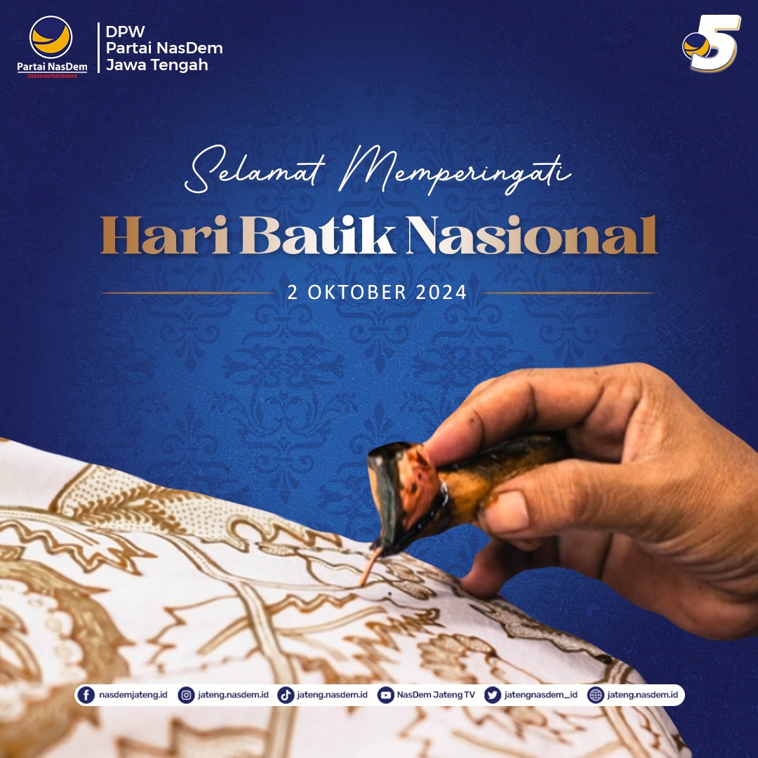 Selamat Hari Batik Nasional 2024.
Bangga memakai batik, bangga akan budaya Indonesia!

#haribatiknasional
#partainasdem
#gerakanperubahan 
#dpwnasdemjateng 
#nasdemjateng