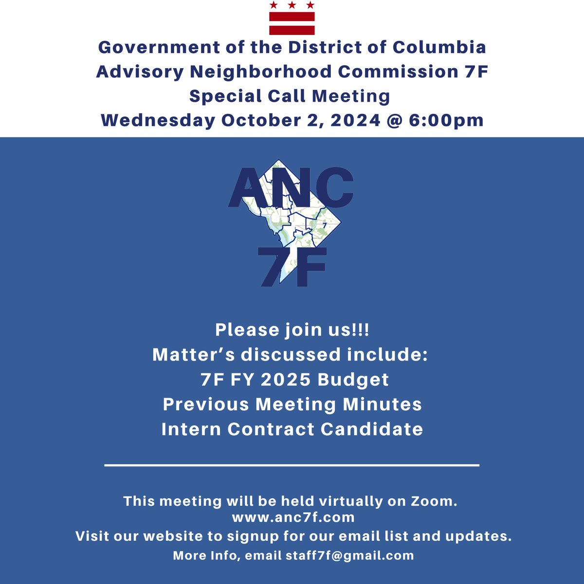 ANC7F's tweet photo. 🗞️ANC7F Wednesday October 2, 2024 Special Call Commission Meeting please join ANC 7F for a special call meeting to approve business matters of the Commission. https://t.co/uzYwgWRkHv