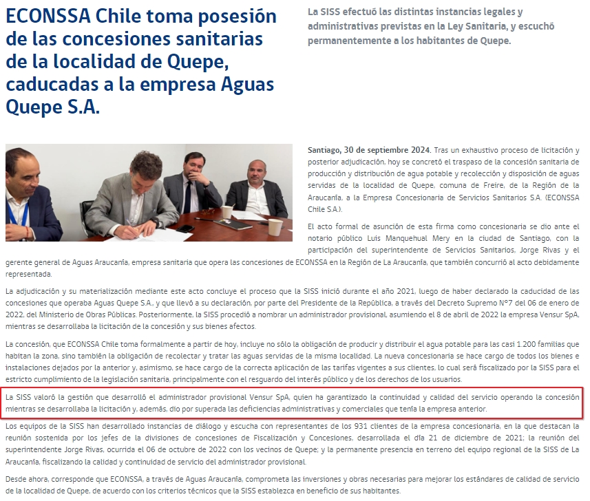 Empresa VENSUR SpA culmina con éxito administración provisional de servicios sanitarios en Quepe; ECONSSA Chile asume concesión y Aguas Araucanía S.A. La operación. <a href="/SISS_CHILE/">SISS</a> <a href="/aguasaraucania/">Aguas Araucanía</a> <a href="/munifreire/">munifreire</a> <a href="/gorearaucania/">Gobierno de La Araucanía</a>