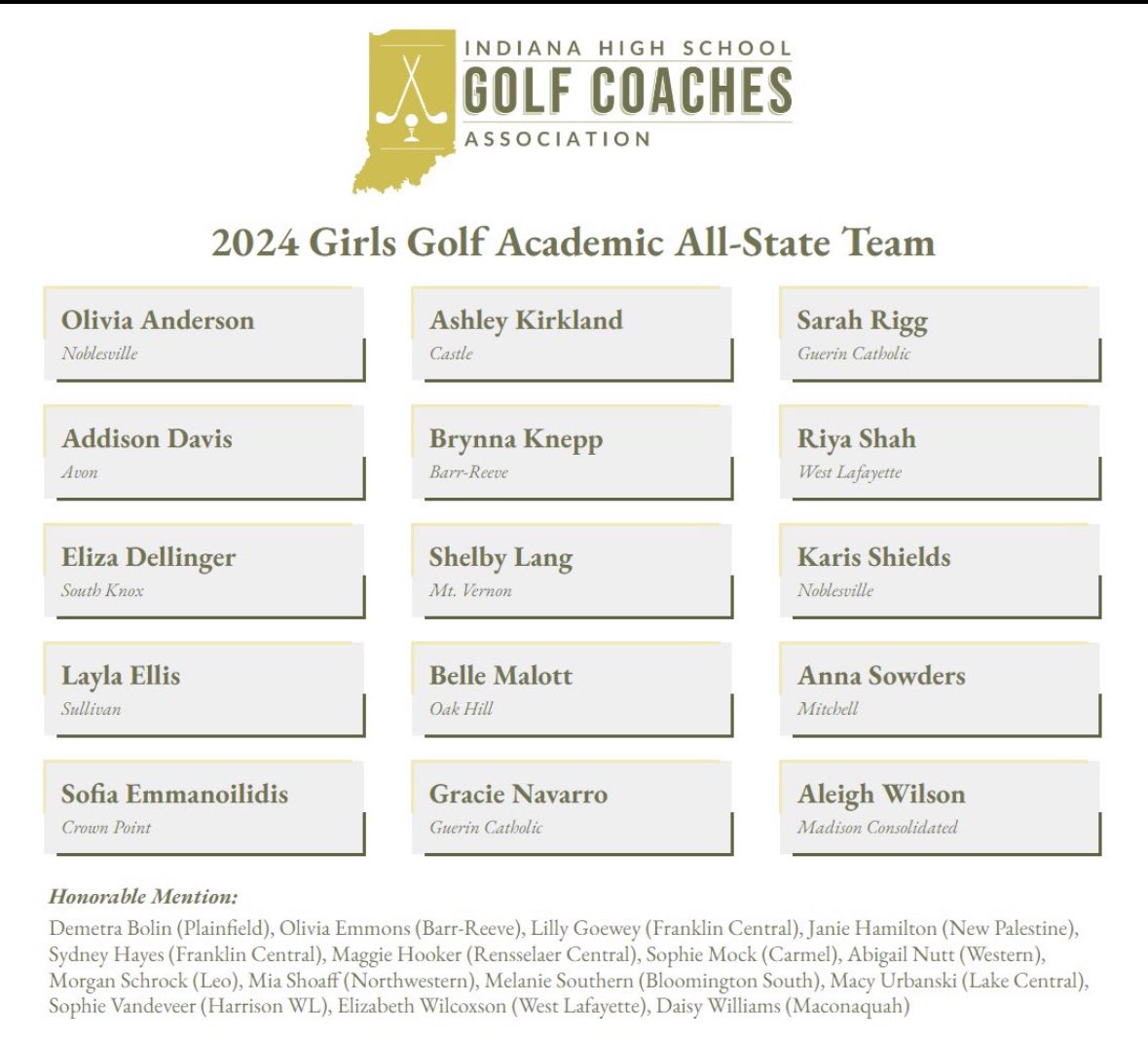 Congrats to <a href="/DemiBolin/">Demi Bolin</a> for being recognized by the Indiana Golf Coaches Association for her achievements in golf and the classroom. <a href="/QuakerSports/">Plainfield Athletics</a>