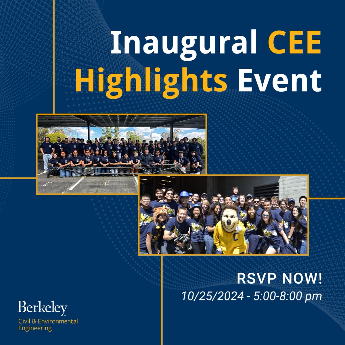 Join us for the inaugural launch of our CEE Community Highlights Event on Friday, October 25th, from 5 to 8 p.m. at West Pauley Ballroom! 

Space is limited, so please make sure to register in advance on Eventbrite: bit.ly/3zKgkQl. 

#Research #Community

<a href="/Cal_Engineer/">Berkeley Engineering</a>