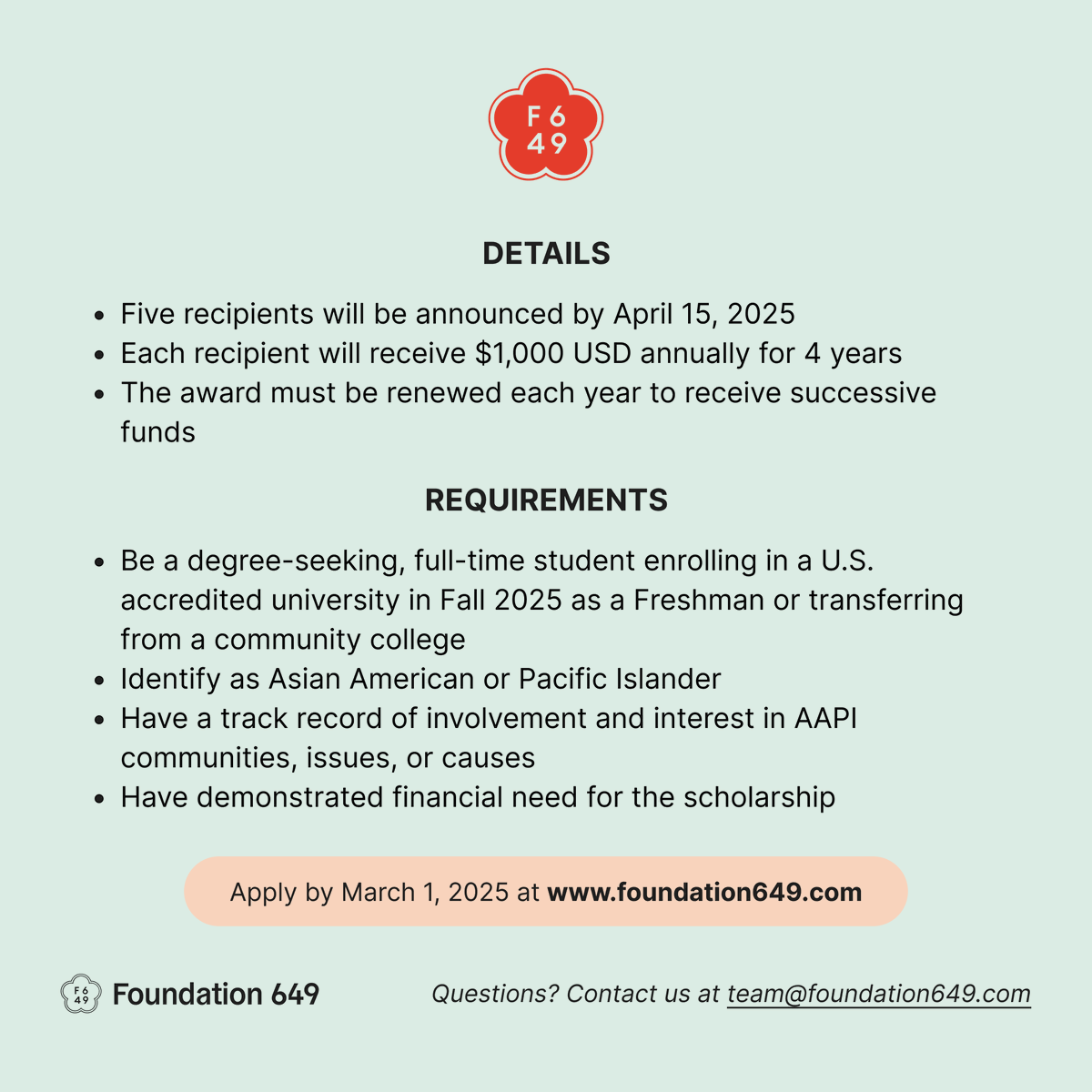 foundation649's tweet photo. 🎓✨ AAPI students! Apply now for the Foundation 649 Scholarship: $4,000 spread over 4 years! Share how your community shapes the AAPI experience. Deadline: March 1, 2025. Be creative—essay, film, or photography welcome! 
🔗https://t.co/CzfqV3ZS6Q #AAPIScholarship #F649 #aapi https://t.co/RgSR87kf9Q